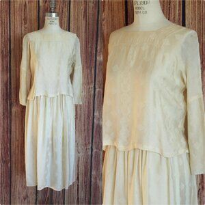 Vintage 1960s Blouse and Skirt, Ivory Silk Separates, Square Neckline 3/4 Sleeve